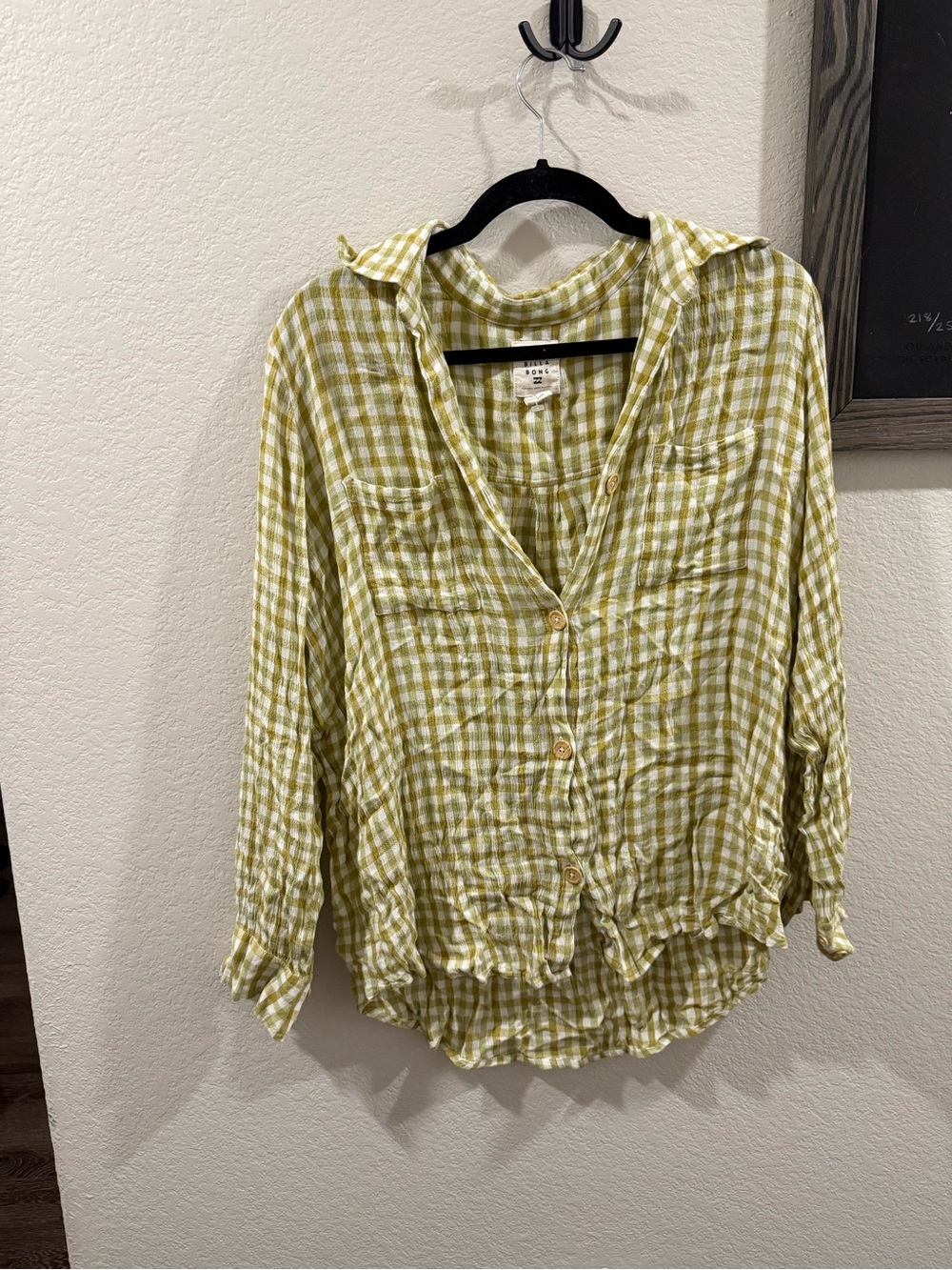 Light Green Gingham Button-Front Women's Top